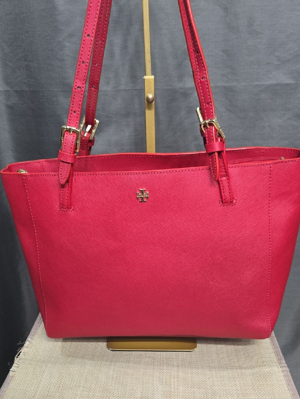 Tory Burch Red Saffiano Tote with Gold Logo
